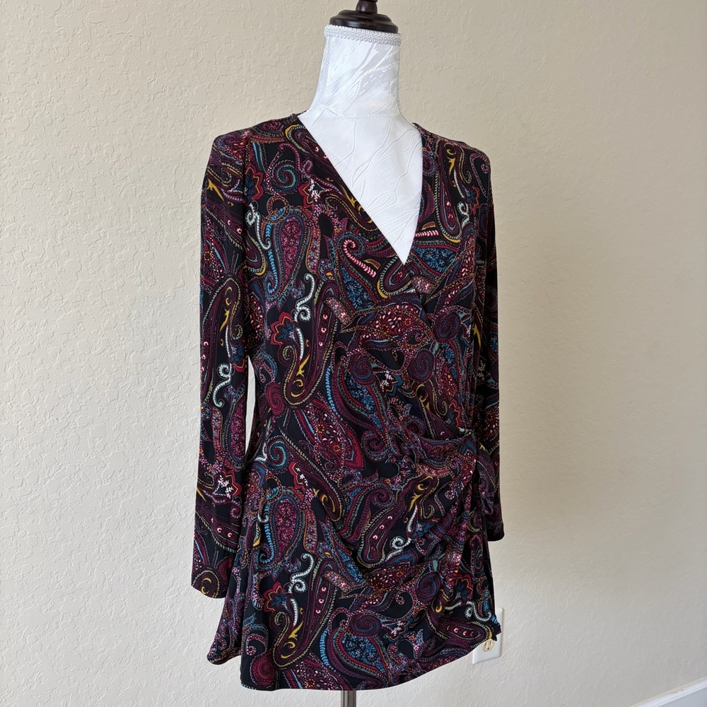 Jaclyn Smith Paisley Faux Wrap Hi Lo Blouse Boho Hippy Retro Long‎ Sleeve Large